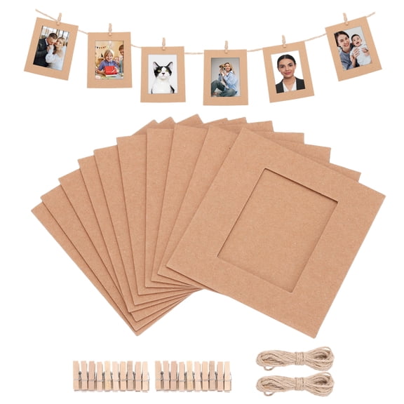 Uxcell 20pcs Paper Photo Frames Kit, 1.8 x 2.4" Kraft Cardboard Photo Display Banner with Clips and String, Picture Frame Hanging Display R for Wedding Birthday Party Wall Decor