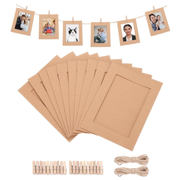 Uxcell 20pcs Paper Photo Frames Kit, 3.6 x 5.3" Kraft Cardboard Photo Display Banner with Clips and String, Picture Frame Hanging Display R for Wedding Birthday Party Wall Decor