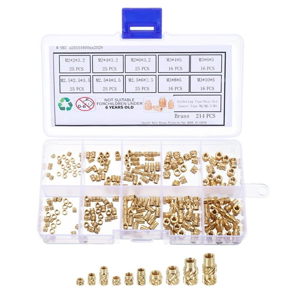 Uxcell 214pcs M2 M2.5 M3 Metric Threaded Inserts Brass Heat Set Insert Knurled Nuts Assortment Kit, 3D Printing Brass Nuts Female Threaded Inserts Nuts with Heat Set Insert Tips