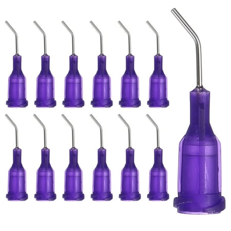 Uxcell 21Ga Angled Dispensing Needles, 25Pcs 0.5Inch 45° Curved Industrial Blunt Tip Dispensing Needle Tips with Luer Lock Needle for Refilling Liquid Inks Adhesive Glue Oil, Purple