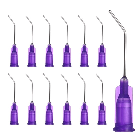 Uxcell 21Ga Angled Dispensing Needles, 25Pcs 1Inch 45 Curved Industrial Blunt Tip Dispensing Needle Tips with Luer Lock Needle for Refilling Liquid Inks Adhesive Glue Oil, Purple