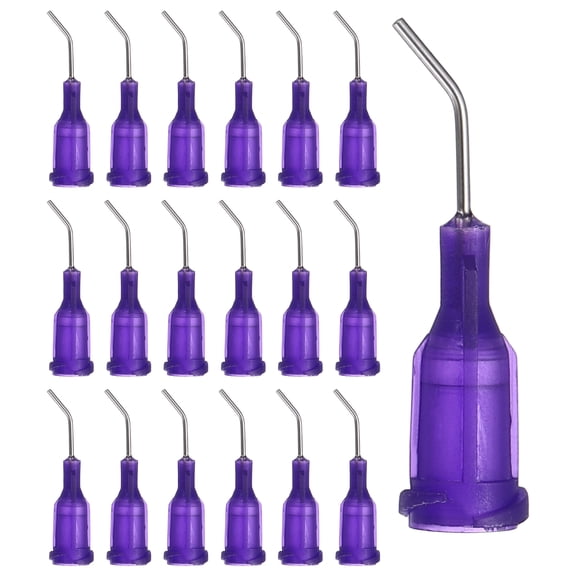 Uxcell 21Ga Angled Dispensing Needles, 66Pcs 0.5Inch 45 Curved Industrial Blunt Tip Dispensing Needle Tips with Luer Lock Needle for Refilling Liquid Inks Adhesive Glue Oil, Purple