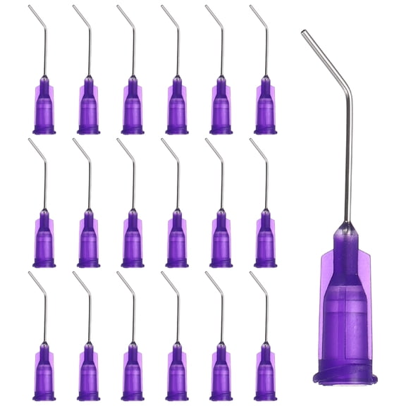 Uxcell 21Ga Angled Dispensing Needles, 66Pcs 1Inch 45 Curved Industrial Blunt Tip Dispensing Needle Tips with Luer Lock Needle for Refilling Liquid Inks Adhesive Glue Oil, Purple