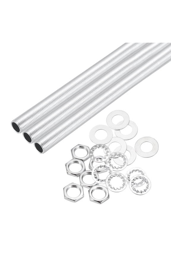 21Pcs 12.2" Lamp Pipe Nipples Kit With Hex Nuts Washers, M10 Fine Threaded Hollow Tube Repair Hardware Fasteners Assortment for Assembly Chandelier Ceiling Lamp DIY, Silver