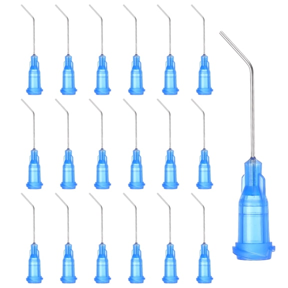 Uxcell 22Ga Angled Dispensing Needles, 66Pcs 1Inch 45 Curved Industrial Blunt Tip Dispensing Needle Tips with Luer Lock Needle for Refilling Liquid Inks Adhesive Glue Oil, Blue