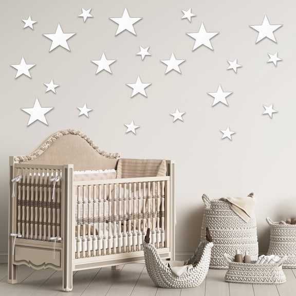 Uxcell 22Pcs Stars Acrylic Mirror Wall Stickers, 3D Mirror Sticker Removable Self-Adhesive Wall Decals for DIY Art Mural Home Bedroom Living Room Office Bathroom Wedding, Silver Tone