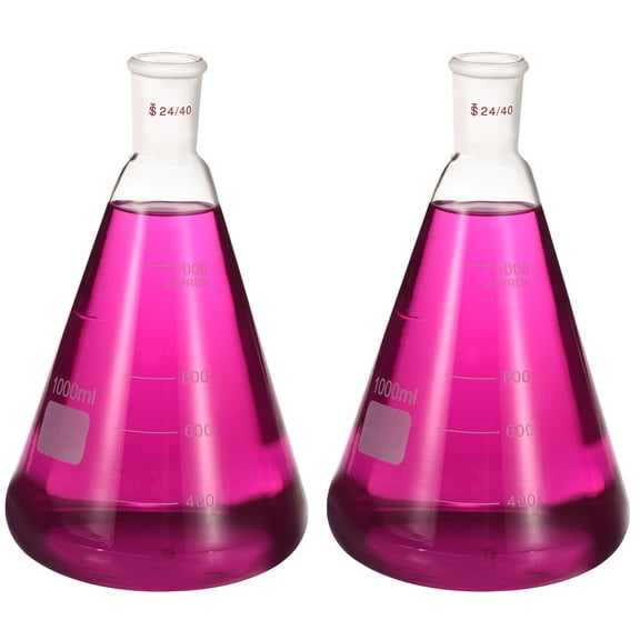 Uxcell 24/40 Erlenmeyer Flask, 2 Pcs 1000ml/33.8oz Borosilicate Glass Conical Flasks Heavy Wall Graduated Flasks with 24/40 Standard Taper Outer Joint for Lab Experiment Chemistry
