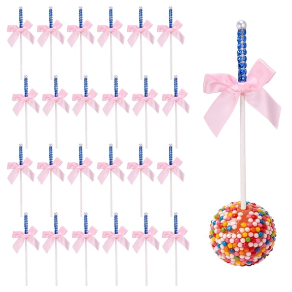 Uxcell 24 Pcs Bling Rhinestone Cake Sticks, Bow Lollipop Cake Toppers Picks Glitter Lollipop Cupcake Decorations for Chocolate Fruit Dessert Wedding Party Christmas, Blue