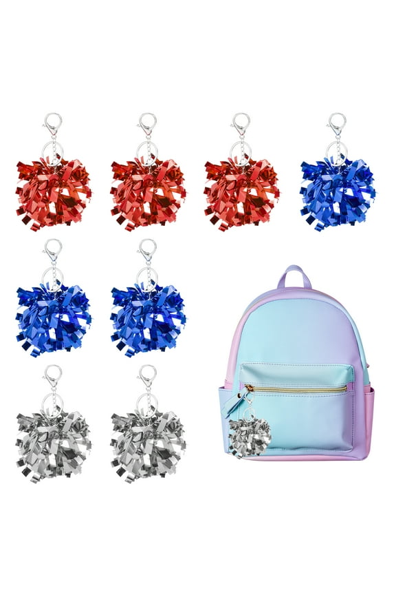 24 Pcs Cheer Pom Pom Keychain, Cheerleading Gift Charm Plastic Keyring Bulk for Cheerleaders Team Women Sports Events Cheer Accessory Supplies, Red/Silver Tone/Blue