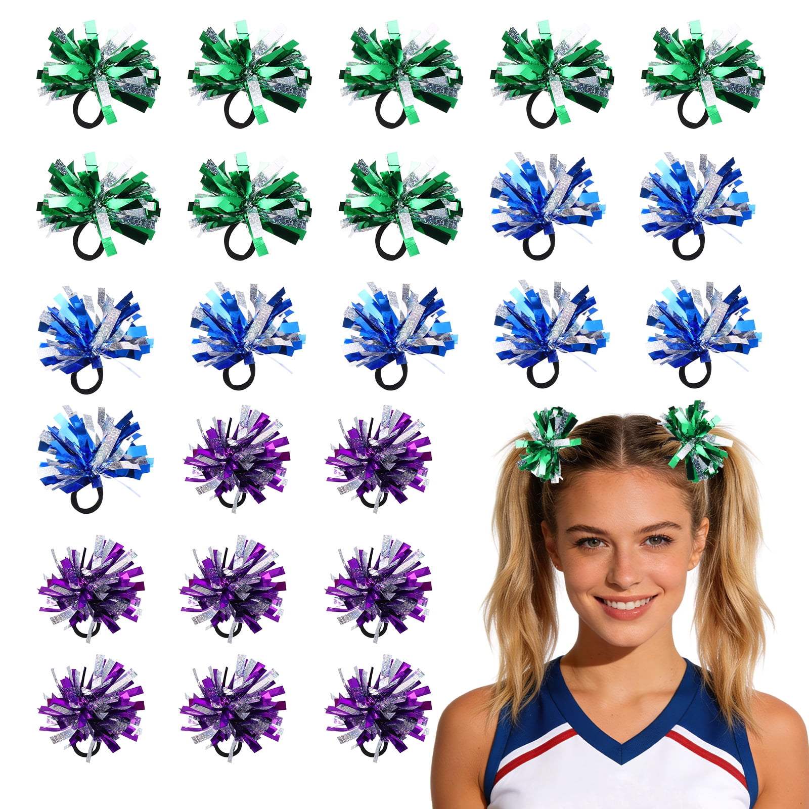 Uxcell 24 Pcs Cheerleading Pom Poms Hair Ropes for Basketball Game,Outdoor Activities, Blue, Green, Purple