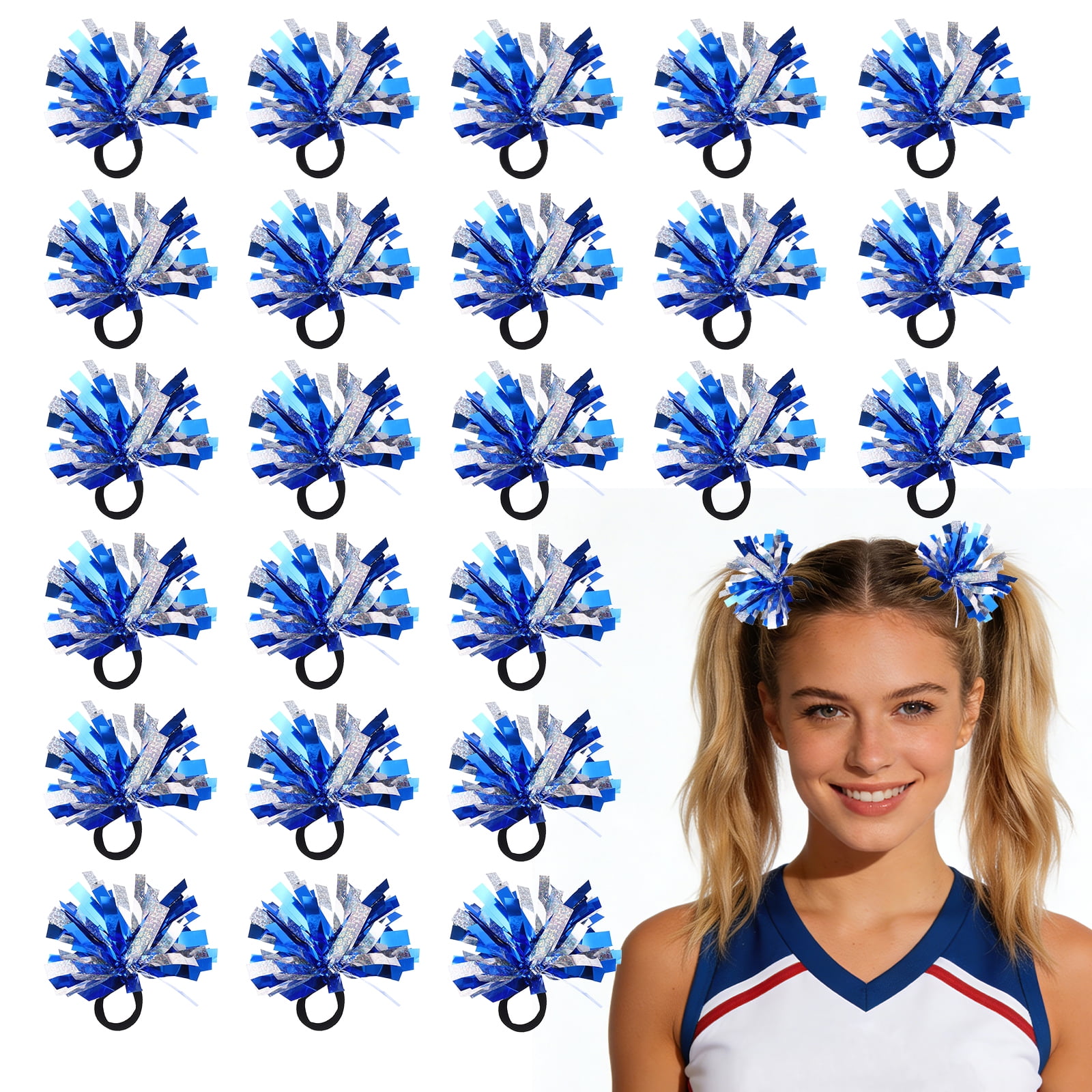 Uxcell 24 Pcs Cheerleading Pom Poms Hair Ropes for Basketball Game,Outdoor Activities, Blue