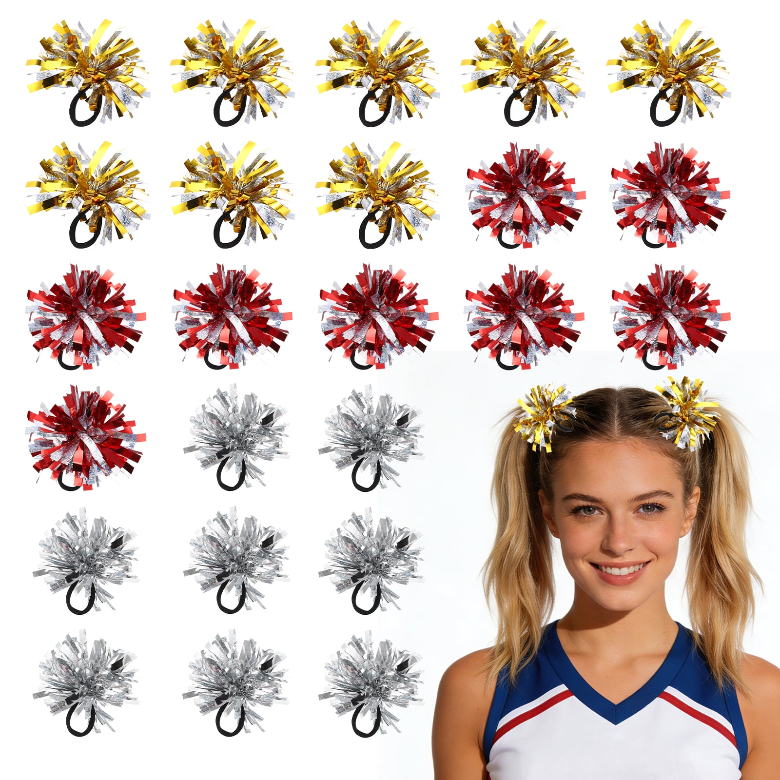 Uxcell 24 Pcs Cheerleading Pom Poms Hair Ropes for Basketball Game,Outdoor Activities, Gold, Red, Silver