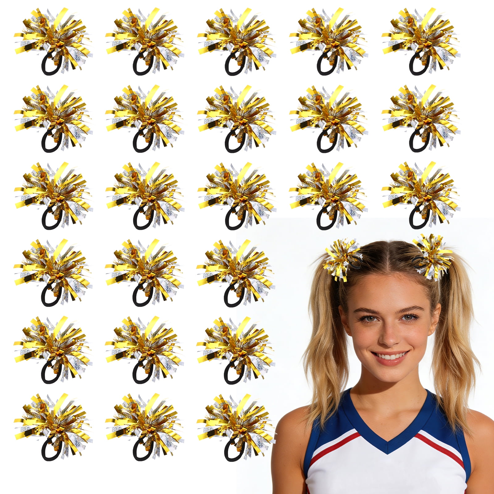 Uxcell 24 Pcs Cheerleading Pom Poms Hair Ropes for Basketball Game,Outdoor Activities, Gold