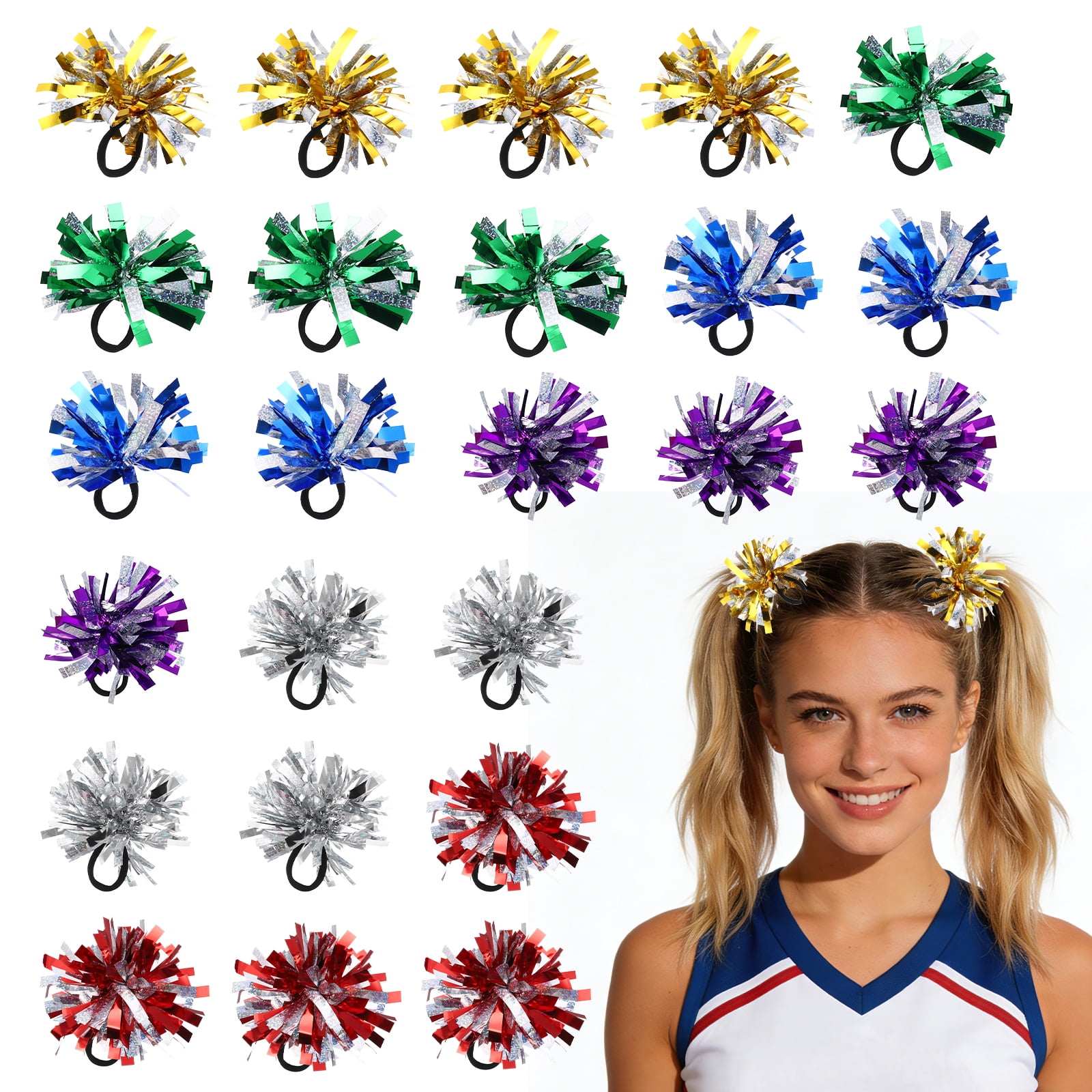 Uxcell 24 Pcs Cheerleading Pom Poms Hair Ropes for Basketball Game,Outdoor Activities, Multicolor