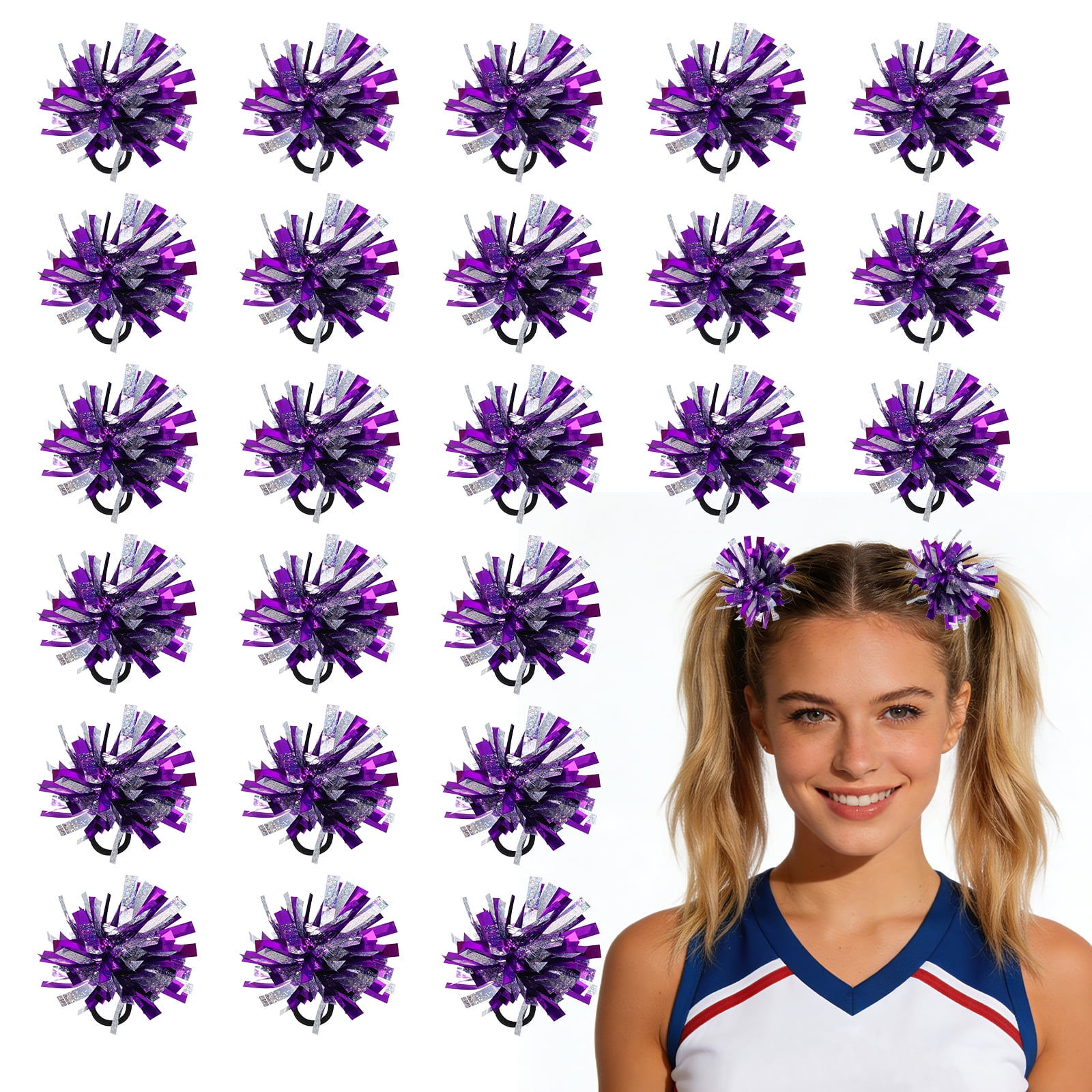 Uxcell 24 Pcs Cheerleading Pom Poms Hair Ropes for Basketball Game,Outdoor Activities, Purple
