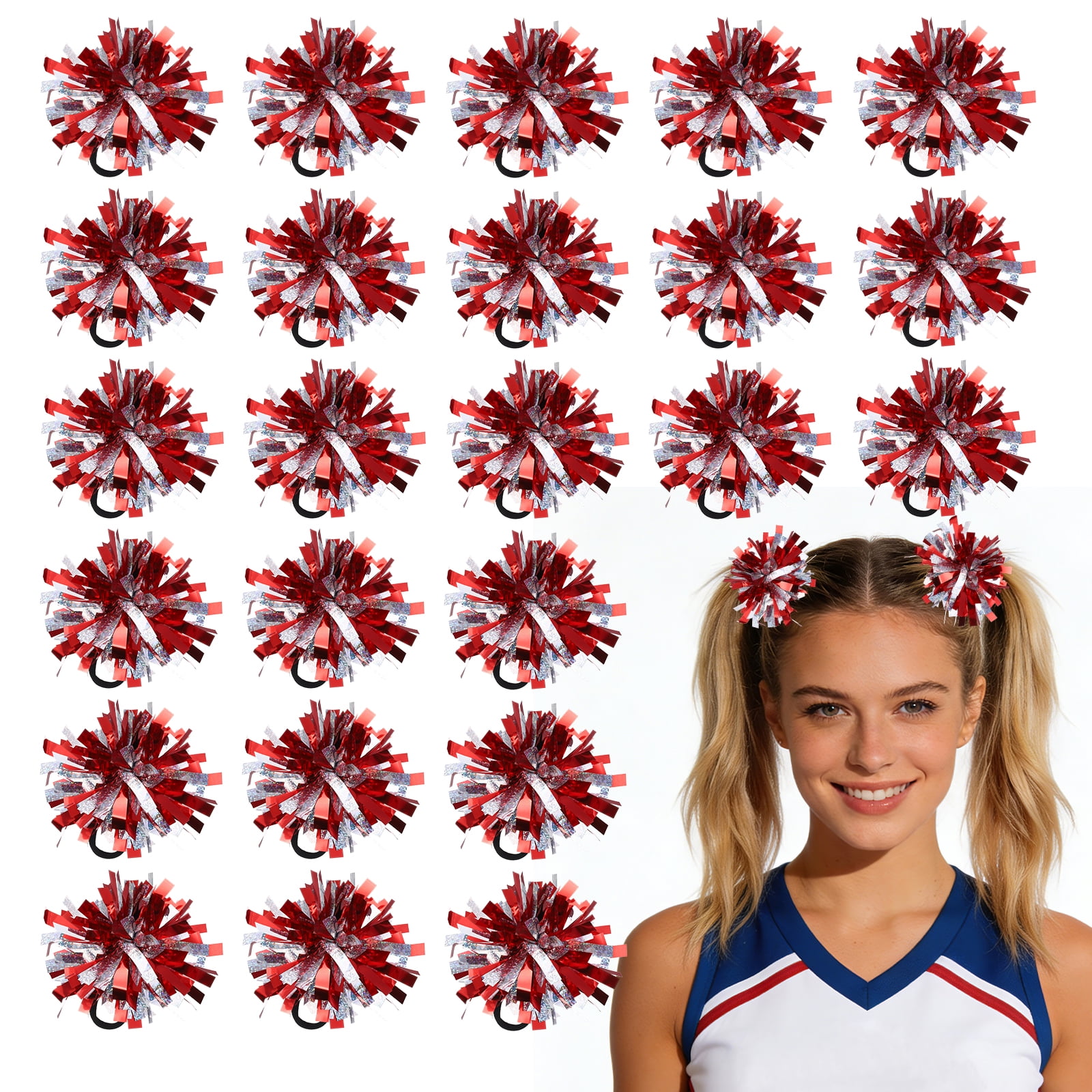 Uxcell 24 Pcs Cheerleading Pom Poms Hair Ropes for Basketball Game,Outdoor Activities, Red