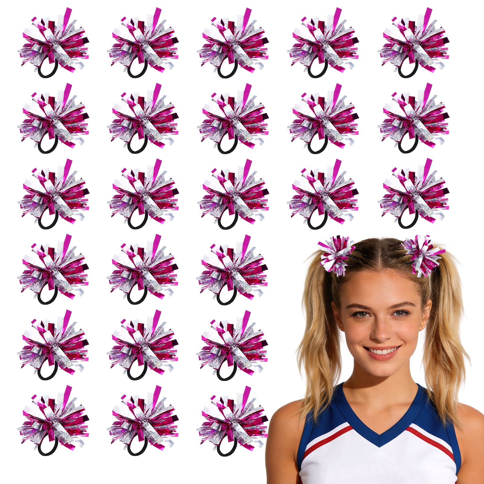 Uxcell 24 Pcs Cheerleading Pom Poms Hair Ropes for Basketball Game,Outdoor Activities, Rose Red