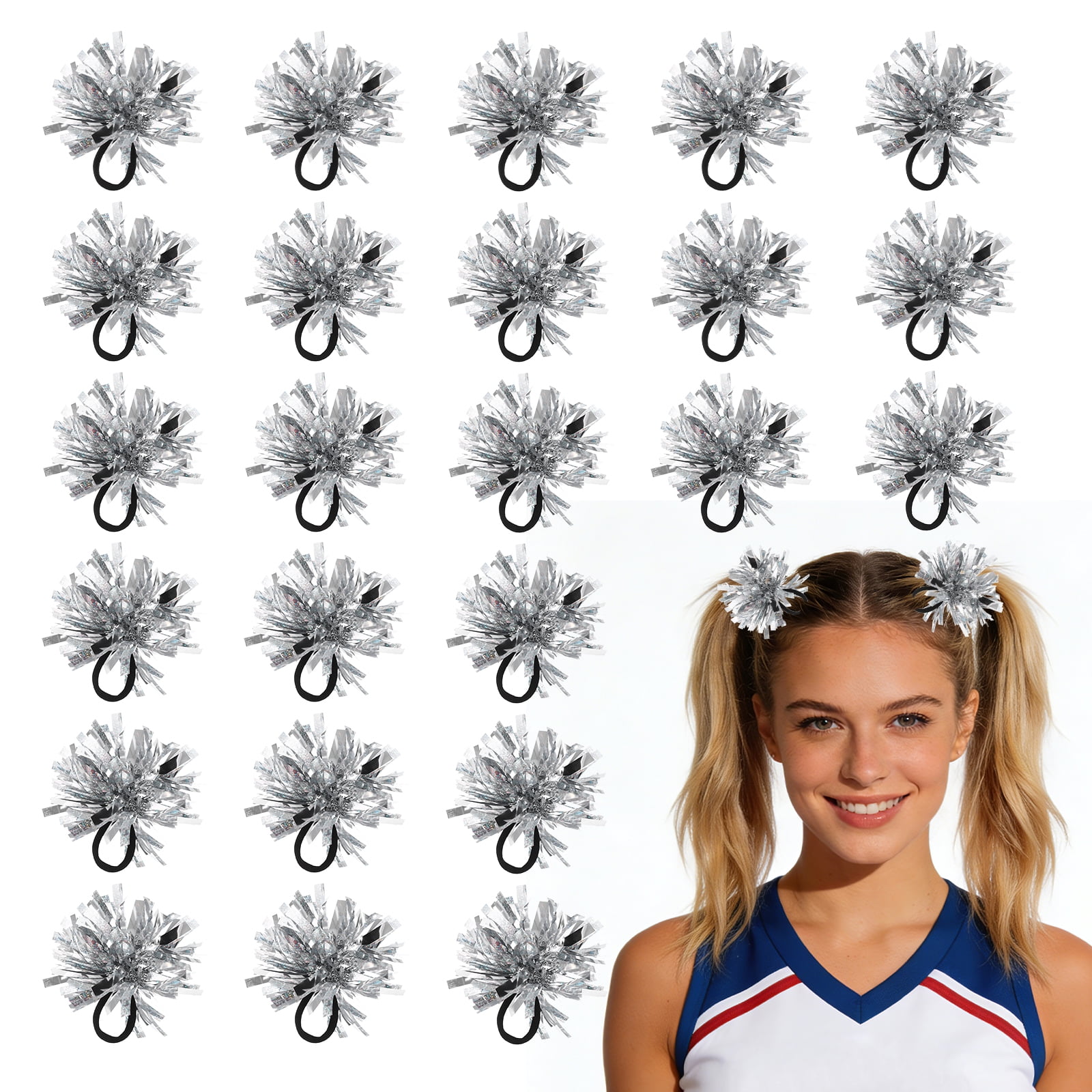 Uxcell 24 Pcs Cheerleading Pom Poms Hair Ropes for Basketball Game,Outdoor Activities, Silver