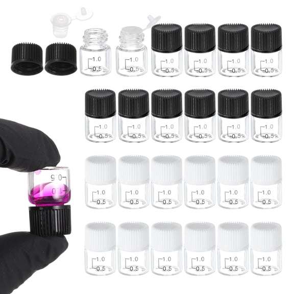 Uxcell 24 Pcs Clear Glass Graduated Vials with Stoppers Screw Caps, 1mL Liquid Sample Storage Empty Vial Leak-Proof for Laboratory Essential Oil Reagents Perfume, Black/White