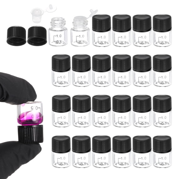Uxcell 24 Pcs Clear Glass Graduated Vials with Stoppers Screw Caps, 1mL Liquid Sample Storage Empty Vial Leak-Proof for Laboratory Essential Oil Reagents Perfume, Black