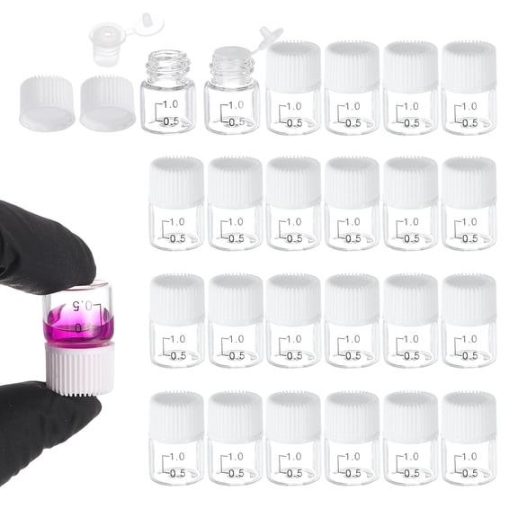 Uxcell 24 Pcs Clear Glass Graduated Vials with Stoppers Screw Caps, 1mL Liquid Sample Storage Empty Vial Leak-Proof for Laboratory Essential Oil Reagents Perfume, White