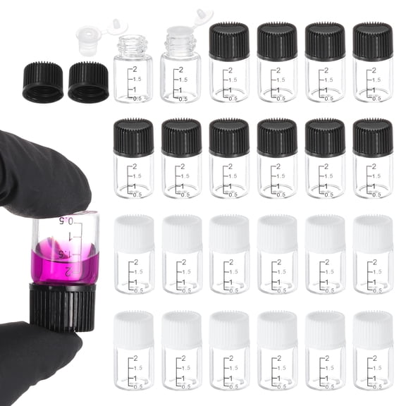Uxcell 24 Pcs Clear Glass Graduated Vials with Stoppers Screw Caps, 2mL Liquid Sample Storage Empty Vial Leak-Proof for Laboratory Essential Oil Reagents Perfume, Black/White