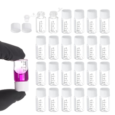 Uxcell 24 Pcs Clear Glass Graduated Vials with Stoppers Screw Caps, 3mL Liquid Sample Storage Empty Vial Leak-Proof for Laboratory Essential Oil Reagents Perfume, White