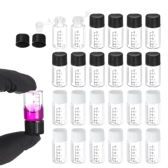 Uxcell 24 Pcs Clear Glass Graduated Vials with Stoppers Screw Caps, 3mL Liquid Sample Storage Empty Vial Leak-Proof for Laboratory Essential Oil Reagents Perfume, Black/White