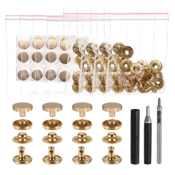 Uxcell 24 Set Leather Snap Fasteners Kit 10mm Metal Button Snaps Press Studs Leather Rivets Snaps with 3 Setter Tools, Gold