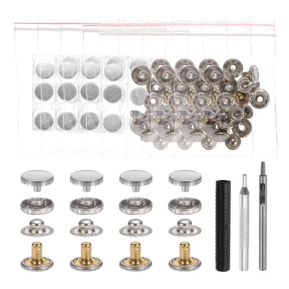 Uxcell 24 Set Leather Snap Fasteners Kit 12mm Metal Button Snaps Press Studs Leather Rivets Snaps with 3 Setter Tools, Silver Tone
