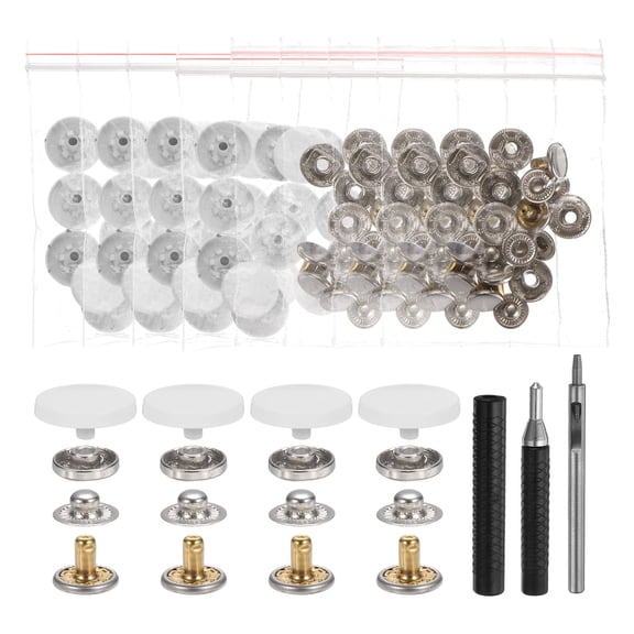 Uxcell 24 Set Leather Snap Fasteners Kit 17mm Metal Button Snaps Press Studs Leather Rivets Snaps with 3 Setter Tools, Beige Color