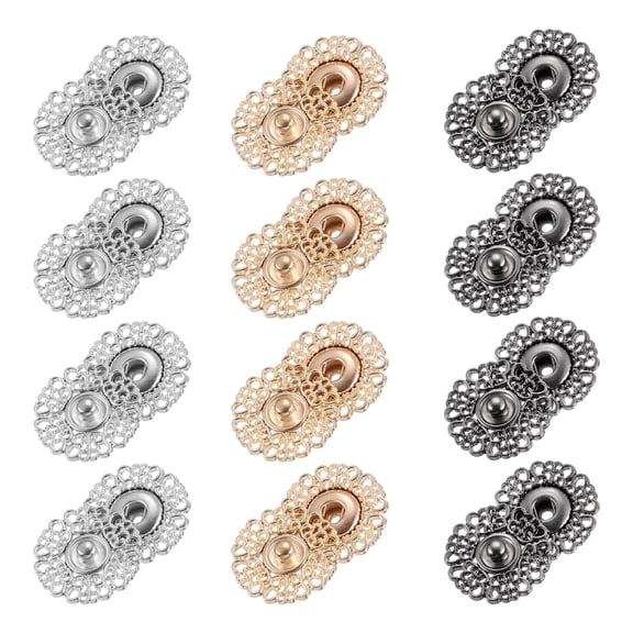 Uxcell 24 Sets Hollow Flower Snap Buttons, Press Buttons Metal Snap Fasteners 25mm, Silver/Gold/Iron Grey