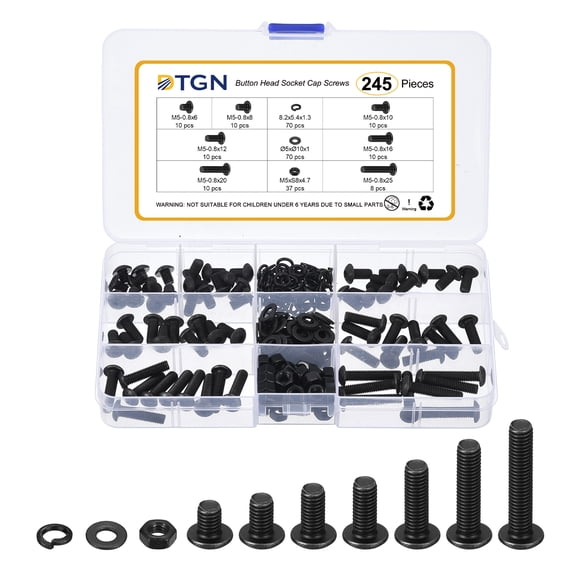 Uxcell 245Pack M5-0.8x6/8/10/12/16/20/25mm Button Head Socket Cap Screws - Carbon Steel Bolt Nut Set Washer Assortment Kit - Good for Road Bicycle, Mountain Bike, Auto