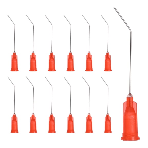 Uxcell 24Ga Angled Dispensing Needles, 25Pcs 1.5Inch 45 Curved Industrial Blunt Tip Dispensing Needle Tips with Luer Lock Needle for Refilling Liquid Inks Adhesive Glue Oil, Orange Red