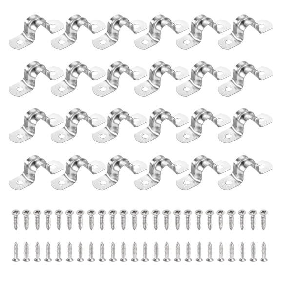 Uxcell 24Pcs 12mm(1/2")304 Stainless Steel Rigid Pipe Strap, Two Hole Strap U Bracket Heavy Duty Pipe Conduit Clamp with Self-Tapping Screws for Hose Wire Installation, Silver