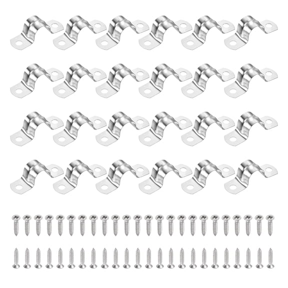 Uxcell 24Pcs 16mm(5/8")304 Stainless Steel Rigid Pipe Strap, Two Hole Strap U Bracket Heavy Duty Pipe Conduit Clamp with Self-Tapping Screws for Hose Wire Installation, Silver