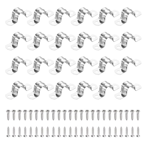 Uxcell 24Pcs 18mm(11/16")304 Stainless Steel Rigid Pipe Strap, Two Hole Strap U Bracket Heavy Duty Pipe Conduit Clamp with Self-Tapping Screws for Hose Wire Installation, Silver
