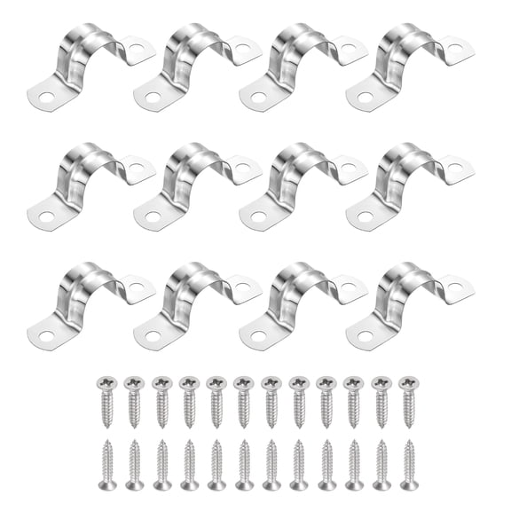 Uxcell 24Pcs 20mm(13/16")304 Stainless Steel Rigid Pipe Strap, Two Hole Strap U Bracket Heavy Duty Pipe Conduit Clamp with Self-Tapping Screws for Hose Wire Installation, Silver