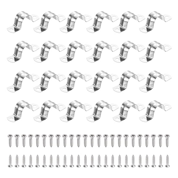 Uxcell 24Pcs 22mm(7/8")304 Stainless Steel Rigid Pipe Strap, Two Hole Strap U Bracket Heavy Duty Pipe Conduit Clamp with Self-Tapping Screws for Hose Wire Installation, Silver
