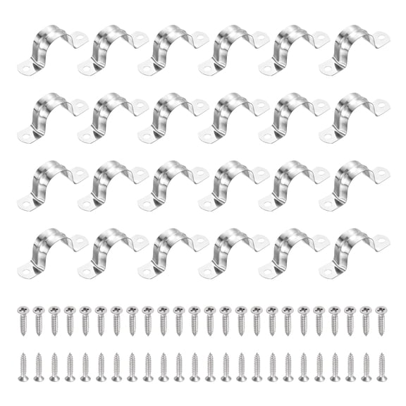 Uxcell 24Pcs 27mm(1-1/16")304 Stainless Steel Rigid Pipe Strap, Two Hole Strap U Bracket Heavy Duty Pipe Conduit Clamp with Self-Tapping Screws for Hose Wire Installation, Silver