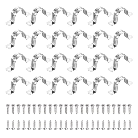 Uxcell 24Pcs 32mm(1-1/4")304 Stainless Steel Rigid Pipe Strap, Two Hole Strap U Bracket Heavy Duty Pipe Conduit Clamp with Self-Tapping Screws for Hose Wire Installation, Silver