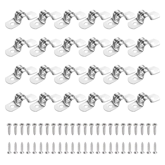 Uxcell 24Pcs 8mm(5/16")304 Stainless Steel Rigid Pipe Strap, Two Hole Strap U Bracket Heavy Duty Pipe Conduit Clamp with Self-Tapping Screws for Hose Wire Installation, Silver