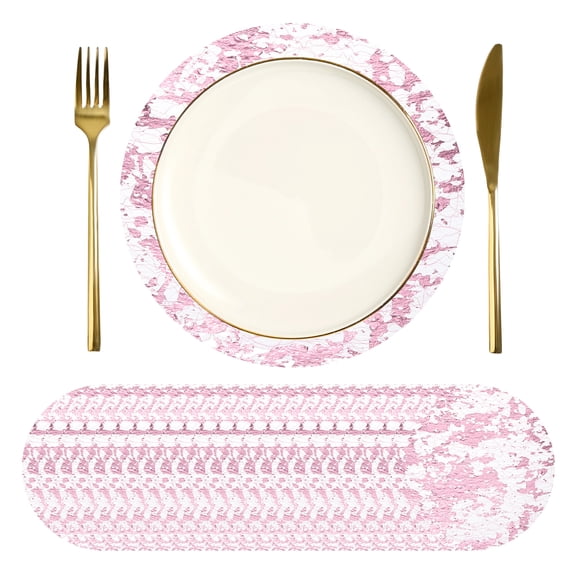Uxcell 24Pcs Disposable Round Placemats, 6.7" Chargers Place Mats Metallic Thin Mesh Table Mates Pressed Foil Table Doilies for Dining Table Wedding Birthday Party Home Decor, Pink