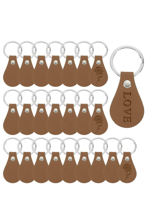 24Pcs Leather Key Fob, Round PU Leather Keychain Blanks with Rivets and Key Rings for DIY Laser Engraving, Brown