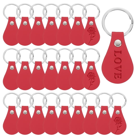Uxcell 24Pcs Leather Key Fob, Round PU Leather Keychain Blanks with Rivets and Key Rings for DIY Laser Engraving, Red