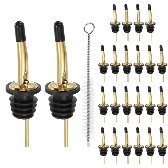 Uxcell 24Pcs Liquor Bottle Pourers, Liquor Pour Spout with Small Dust Caps Stainless Steel Speed Pourers Precision Flow Control for Whiskey Vodka Olive Oil Vinegar Home, Titanium Gold