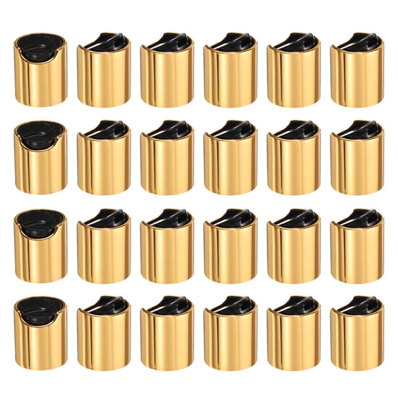 Uxcell 24pcs Aluminized Plastic Disc Top Caps, 20/410 Replacement Press Caps Durable Dispensing Lids for Squeeze Bottles, Refillable Bottles, Plastic, Empty, Shampoo Bottles, Gold Black