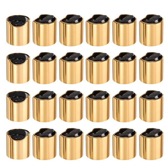 Uxcell 24pcs Aluminized Plastic Disc Top Caps, 24/410 Replacement Press Caps Durable Dispensing Lids for Squeeze Bottles, Refillable Bottles, Plastic, Empty, Shampoo Bottles, Gold Black
