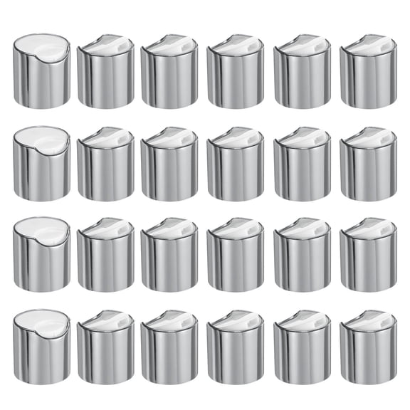 Uxcell 24pcs Aluminized Plastic Disc Top Caps, 28/410 Replacement Press Caps Durable Dispensing Lids for Squeeze Bottles, Refillable Bottles, Plastic, Empty, Shampoo Bottles, Silver White