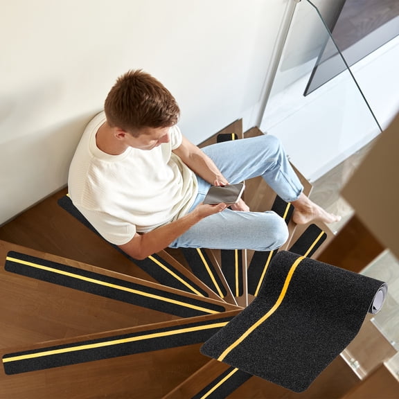 Uxcell 24x6 Inch Black Non-Slip Stair Treads Tape, 5 Pack Self Adhesive Anti-Slip Indoor Stair Strips with 6mm Glow-in-The-Dark Strip for Wooden Steps